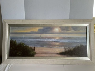 Pintura al atardecer playa enmarcada vintage - 47x23 cm - Veleros - Arte costero Foto 1 de 3