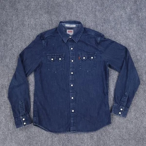 Levis Shirt Mens Medium Blue Western Denim Pearl Snap Modern Fit Sawtooth Pocket - Picture 1 of 9