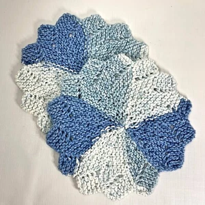 Hand Knit Cotton Dish Cloths Pinwheel Flower Blue White Country Cottage Core - Picture 1 of 2