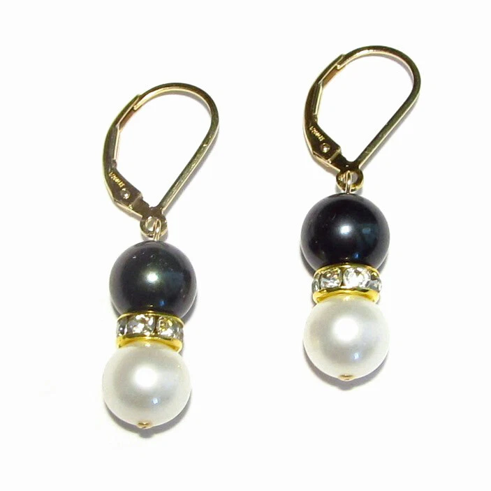 7-8mm AAA Cultured Black & White Pearl Lever Back Earrings 14K Gold Filled - Image 1 of 1