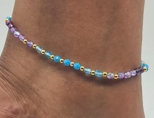 Lila und Türkis Kristall Perle elastisch Knöchelarmband Fußkettchen 25 cm - Bild 1 von 2