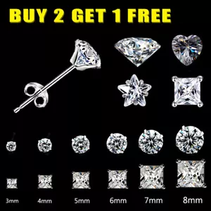 100% Solid 925 Sterling Silver Small Sleeper Cubic Zirconia Stud Earrings Women - Picture 1 of 35