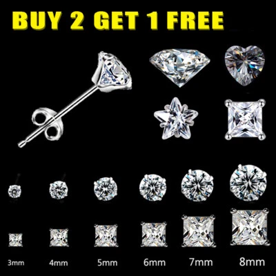 100% Solid 925 Sterling Silver Small Sleeper Cubic Zirconia Stud Earrings Women - Image 1 of 4