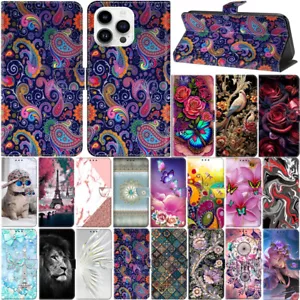 For iPhone 14 13 Pro Max Luxury Patterned Flip Leather Wallet Card Case Cover - Picture 1 of 88
