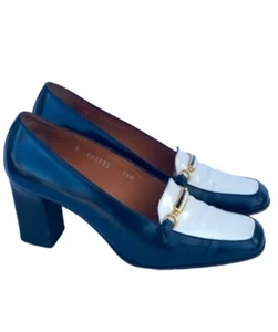 90s Ralph Lauren Purple Label Italian Mod Loafer teal /white stack Heel size 7.5 - Picture 1 of 21