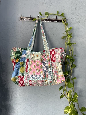 Block print patchwork women cotton duffle bag large capacity with zip and pocket - Image 1 of 4