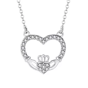 925 Sterling Silver Simulated Diamond CLADDAGH Irish Celtic Necklace 16 -18 inch - Picture 1 of 11