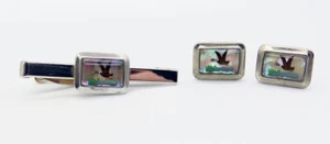 VINTAGE JAGD FLIEGENDE ENTEN RÜCKSEITENMALEREI UNTER GLAS KRAWATTENSCHLIESSE & MANSCHETTENKNÖPFE - Bild 1 von 4