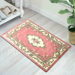 Rose Pink Wool Carved French Aubusson Floor Rug Mat 60x120cm **FREE DELIVERY** - Foto 1 di 6