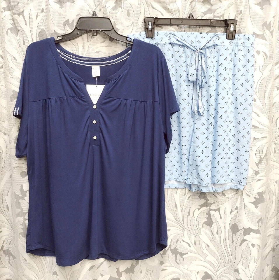 3X JUEGO DE PIJAMAS LIZ CLAIBORNE TOP DE PUNTO AZUL MARINO Y PANTALONES CORTOS TEJIDOS DELANTEROS PULL-UP Foto 1 de 4
