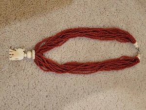 Vintage Nagaland 12-Strand Red Coral Beaded Torsade Necklace w/ Carved Elephant - Picture 1 of 13