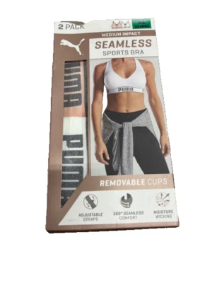 Sujetadores deportivos Puma para mujer de impacto medio 2pk (blanco/rosa claro, XL) NUEVOS EN CAJA Foto 1 de 3
