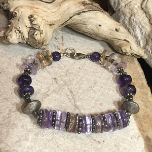 Vintage 925 Sterling Silver Spacer Purple Amethyst Beaded Bracelet 20.9g, 6 5/8" - Picture 1 of 14
