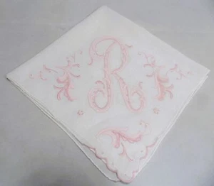 FANCY VINTAGE WOMANS HANDKERCHIEF MONOGRAM R PINK NEEDLEWORK MADEIRA STYLE - Picture 1 of 4
