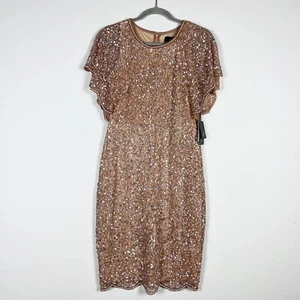 NEW Adrianna Papell Short Flutter Sleeve Sequin Pearl Beaded Rose Gold Dress 6 - Picture 1 of 4