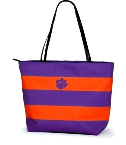 CLEMSON TIGERS GAME DAY RUGBY STRIPED SHOPPER TOTE PURSE ZIPPER TAILGATE BAG Cover