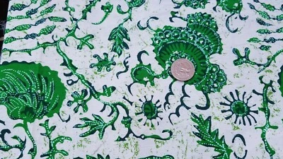 COTTON FABRIC - GREEN MEDALLIONS ON WHITE WITH BORDER BUDDAH BATIK  BTY - Image 1 of 2
