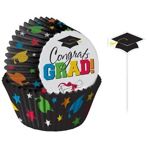 Multicolor Grad School Graduation Theme Party Decoration Baking Cups & Picks - Picture 1 of 1
