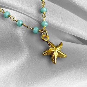 Chalcedon Seestern Gold Halskette - Vergoldete Edelstein Rondellen Maritime Kett - Picture 1 of 8