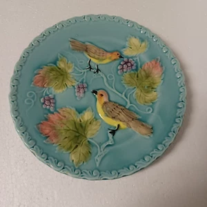 Vintage German Blue Majolica Plate Birds on Limbs with Grapes & Leaves   7.5" - Picture 1 of 8