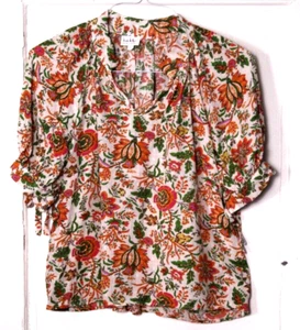 NICOLE MILLER TUNIC BLOUSE ladies size L beige orange green paisley short sleeve - Picture 1 of 5