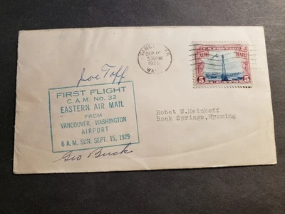 EASTERN AIR MAIL FIRST FLIGHT 1929 Cover SIGNED CAM-32 Cachet ROCK SPRINGS, WY - Image 1 of 2