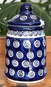 Cerámica Polaca Boleslawiec Azul y Blanco Espiral Remolinos Miel Tarro Olla 6" Polonia - Imagen 1 de 4