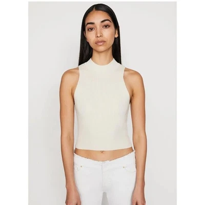 Suéter sin mangas con cuello falso acanalado con marco mezcla de seda blanco roto talla mediana Foto 1 de 4