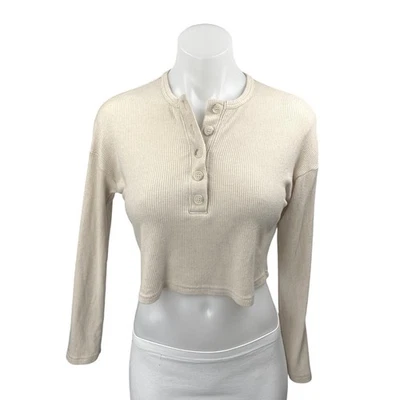 Naadam Cream Cashmere Ribbed Knit Long Sleeve Henley Crop Sweater Top Size XXS - Image 1 of 4