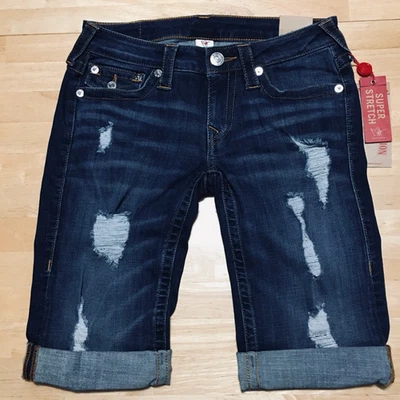 Pantalones cortos True Religion hasta la rodilla para mujer 27 azules con puños desgastados elásticos denim Foto 1 de 4