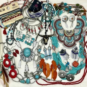 Lotto gioielli Boho Tribal Southwestern - 30+ pezzi dichiarazione audace stile turchese - Foto 1 di 11