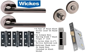 Milan Black Nickel Finish Lever On Round Rose Bathroom Handle Pack Internal Door - Picture 1 of 6