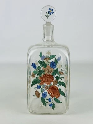 Antica Bottiglia In Vetro Soffiato Dipinta Con Smalti Policromi Floreali XX Sec. - Immagine 1 di 4