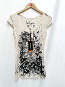 Karen Millen Graphic Raw Edge Viscose T-Shirt Silva Floralis Beaded Cream - UK 6 - Picture 1 of 14