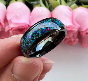 Men's 8mm Shiny Galaxy Opal Tungsten Wedding Band Comfortable Fit Domed Polished