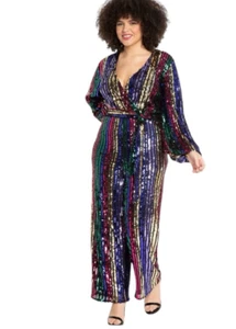 Eloquii Womens Jumpsuit 24 Black Rainbow Stripe Sequin Pants 1 Piece Celebration - Picture 1 of 19