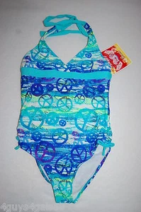 Girls One Piece Swimsuit TURQUOISE PURPLE TEAL Cinched PEACE SIGNS Retro SIZE 4 - Picture 1 of 2