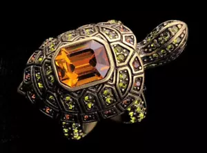 Heidi Daus "Slow Poke" Bejeweled TURTLE RING~Olivine & Topaz Crystals~Sz 7,FJT - Picture 1 of 5