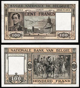 Belgium 100 francs 1947.05.14. King Leopold I P126(2) aXF/aUNC - Picture 1 of 8