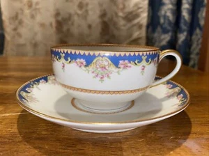 Tressemanes & Vogt T&V Limoges Le Trianon Blue Gold Tea Cup Saucer EB Taylor EC - Picture 1 of 12
