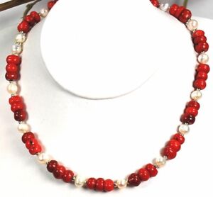 Classic Sea Red Coral & Natural White Pearl Silver Plated Necklace 18" Fashion 