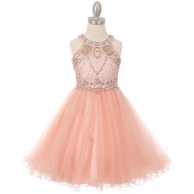 BLUSH Rhinestone Halter Neck Flower Girl Dress Party Bridesmaid Formal Birthday - Image 1 of 4