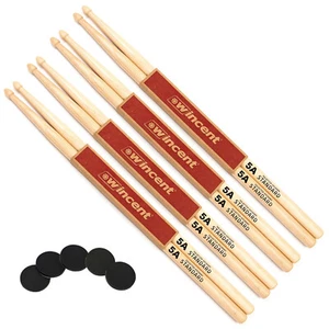 Wincent 5A Hickory Woodtip Drumsticks 4 Paar + keepdrum Damper Pads - Picture 1 of 6
