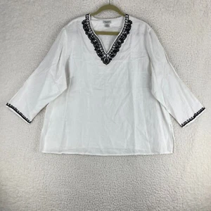Laura Ashley White Embroidered V-Neck Shirt Womens 100% Linen Plus Size 2X - Picture 1 of 16