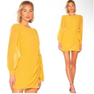 Yumi Kim Mini Dress S Golden Yellow Sheer Puff Sleeve Faux Wrap Wedding Guest - Picture 1 of 11