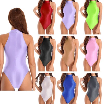 US Womens Glossy Sleeveless Mock Neck Leotard Top Gym Yoga Bodysuit Swimwear - Image 1 of 3