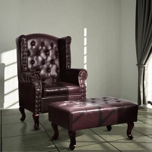 Chesterfield Armchair With Footstool Faux Leather Luxury Chair Tufted Furniture - Picture 1 of 6