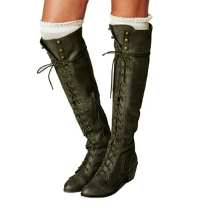 Stivali da combattimento vintage verde esercito tacco basso vegani stivali alti ginocchio scarpe in pizzo donna - Foto 1 di 8
