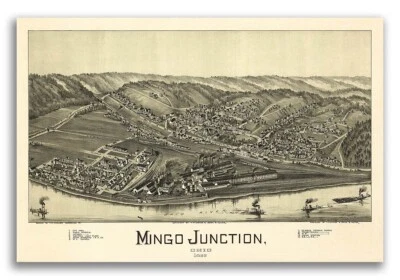 Bird's Eye View 1890 Mingo Junction Ohio Vintage Style City Map - 16x24