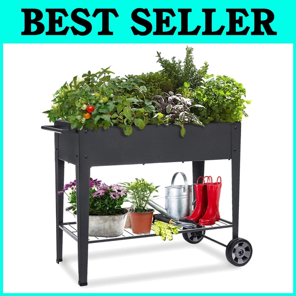 Planter Raised Garden Elevated Flower Vegetable Herb Outdoor Cedar Wheeled Patio